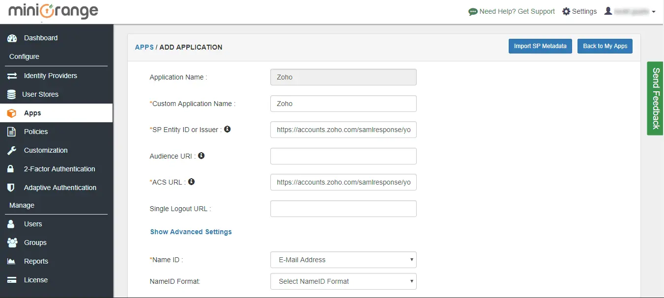 Zoho IP Restriction: Add IdP basic settings