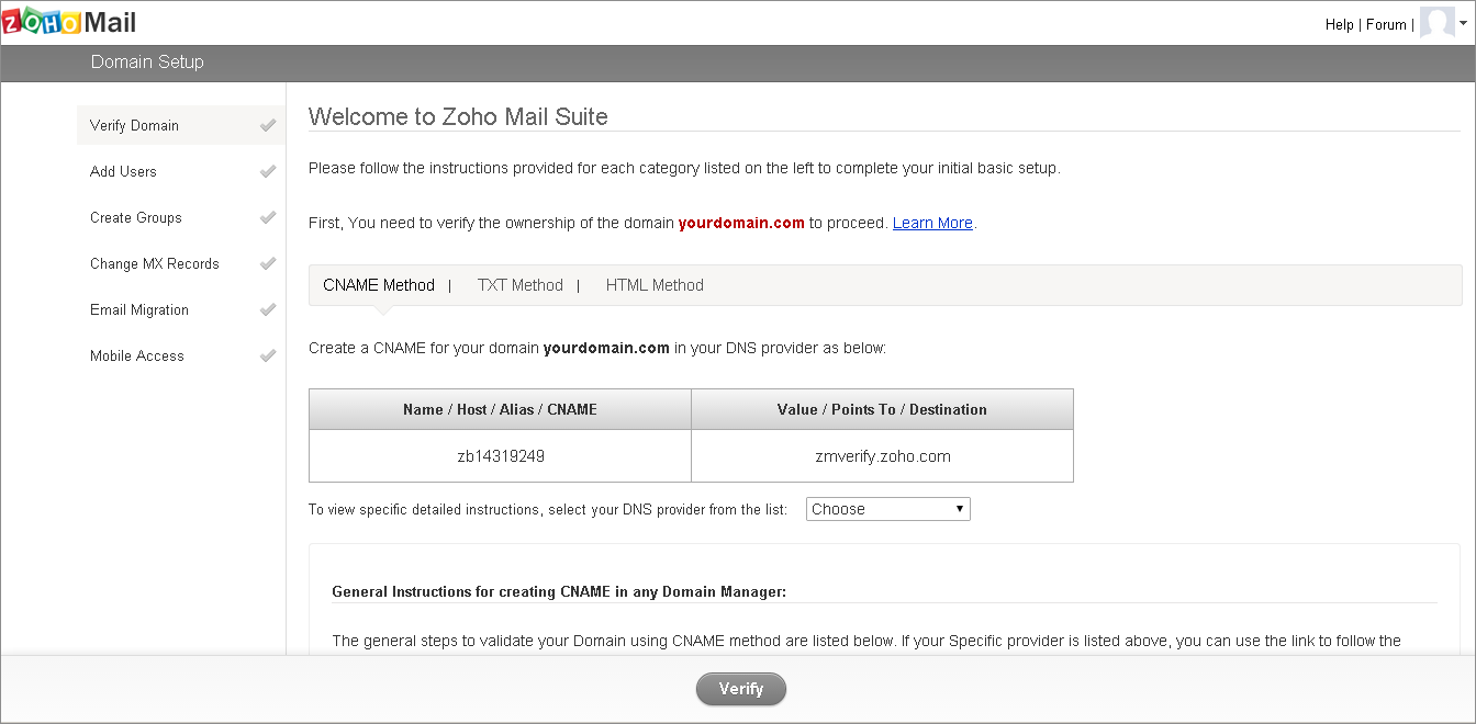 Zoho Single Sign-On (SSO) verify to validate your domain